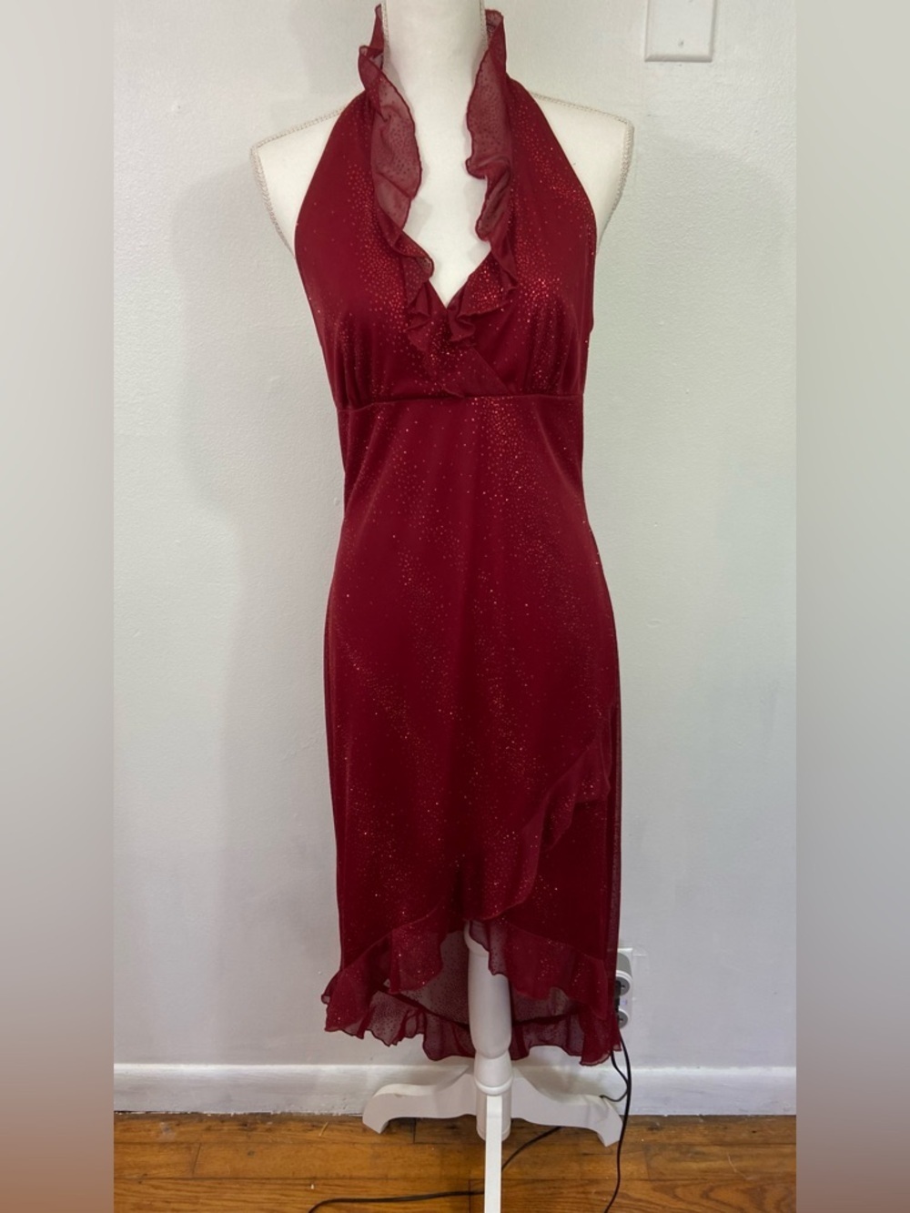 Vintage Y2K Red Halter Ruffle High-Low Dress Fairy Whimsy Babydoll Large Glam
